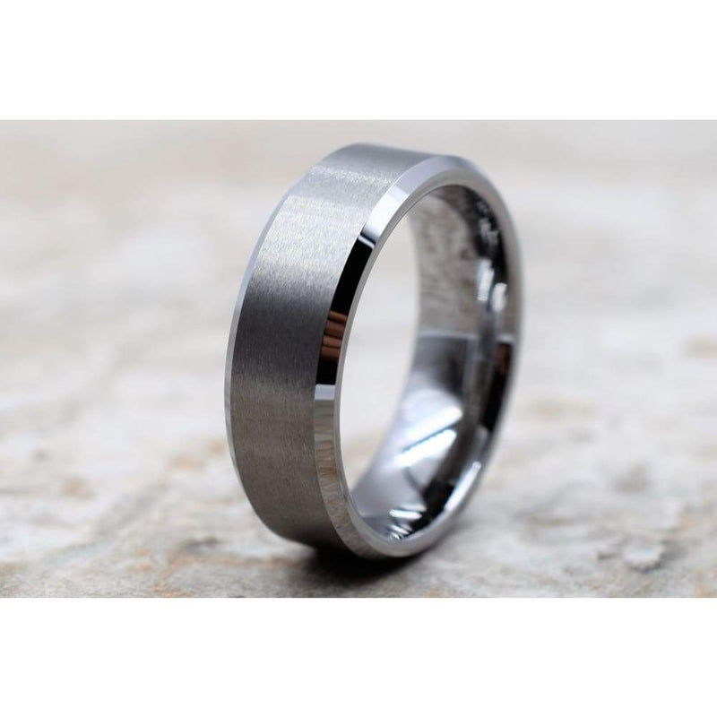 Kamron Tungsten Wedding Band For Men & Women W/ Brushed Center and Beveled Edges 6mm