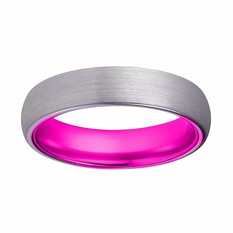 KENNA Women’s Domed Tungsten Carbide Wedding Band w/ Pink Inside IP 4MM & 6MM