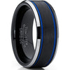 Lion Double Blue Grooved Silver Beveled Edges Black Brushed Tungsten Ring - 8mm