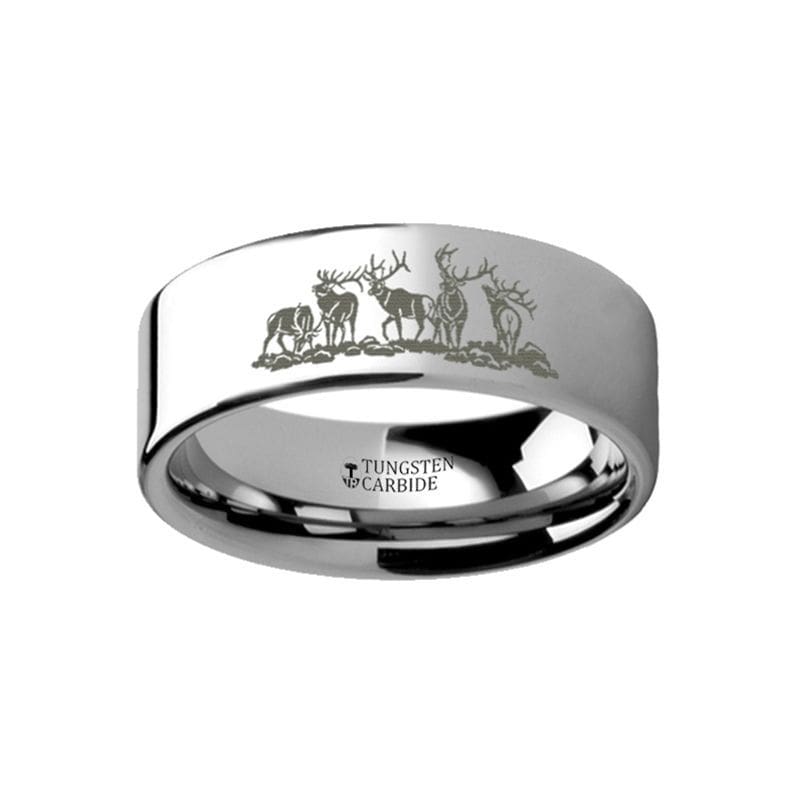 Louisville Landscape Scene Five Deer Stag Hunting Engraved Tungsten Ring 4mm - 12mm