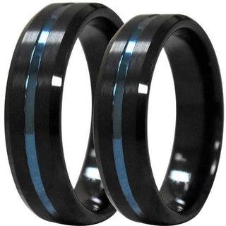 Marquise abgeschrägter Ehering aus schwarzem Wolfram mit blauer gerillter Mitte, 6 mm und 8 mm - 6 mm/Größe 5,5 / 8mm/Größe 8 / Natürlich