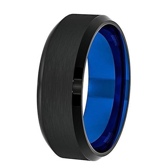 Men’s Black Tungsten Wedding Band With Beveled Edges and Blue Inside - 8 mm