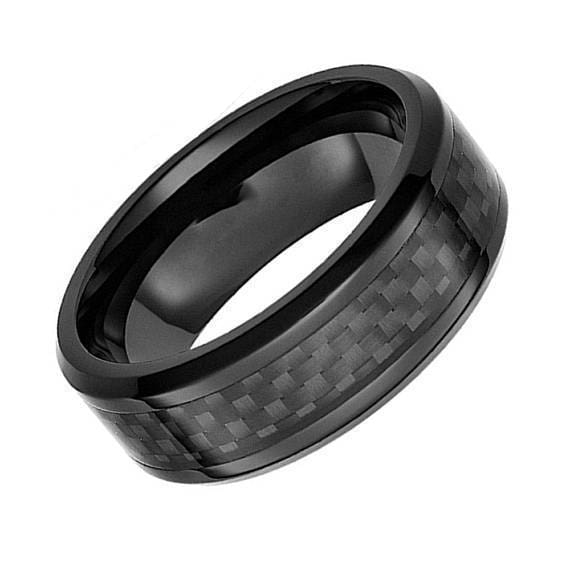 Schwarzer Wolfram-Ehering für Herren mit schwarzer Karbonfaser-Einlage, abgeschrägten Kanten – 8 mm