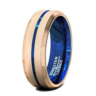 Mens Blue Grooved Tungsten Ring with Rose Gold Inlay Beveled Edges- 6mm & 8 mm - 6mm / 5 / Tungsten
