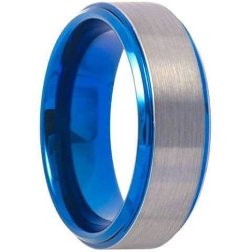 Mens Blue Tungsten Wedding Band Gun Metal Beveled Edge Brushed Finish - 8mm