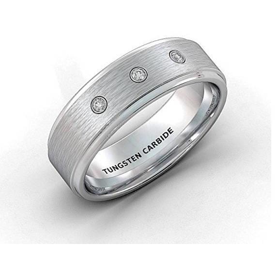 Mens Classic Carbide Tungsten Wedding Ring 3 Cubic Zircon Step Edge Brushed Comfort Fit - 8mm