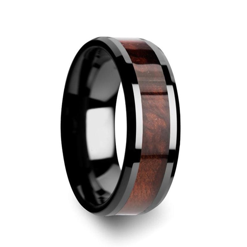 Exotischer Rotholz-Intarsien-Ring aus schwarzer Keramik für Herren mit abgeschrägten Kanten, 8 mm