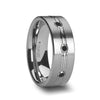Men’s Satin Finished Tungsten Ring Grooved Center And Triple Black Diamonds 8mm