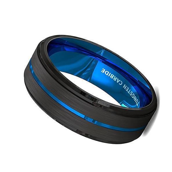 Wolframcarbid-Ring für Herren mit schwarzen, gebürsteten, dünnen, blauen Rillenstufenkanten, 8 mm