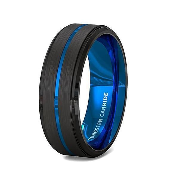 Wolframcarbid-Ring für Herren mit schwarzen, gebürsteten, dünnen, blauen Rillenstufenkanten, 8 mm
