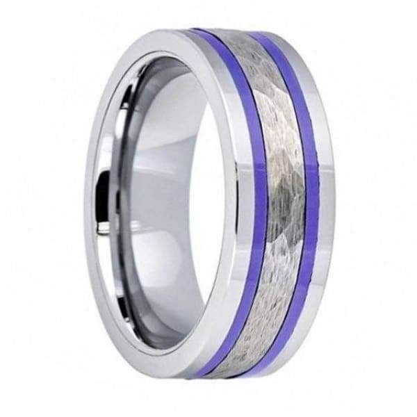 Mens Tungsten Wedding Band Two Indigo Stripes & Shiny Edges Pipe Cut Hammered Center - 8mm