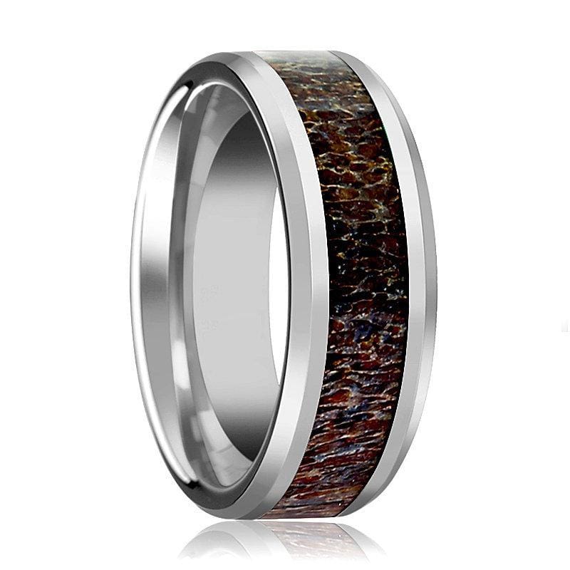 Men’s Tungsten Wedding Band W/ Dark Deer Antler Beveled Polished Finish 8mm