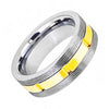 Mens Wedding Tungsten Ring Gun Metal Screw Thread Sides and Yellow Gold Grooved Shiny Center - 8mm