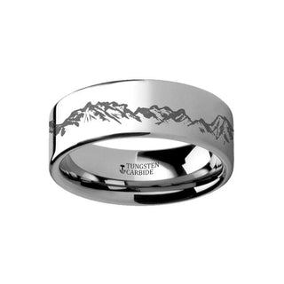 PERU Mountain Range Outdoors Ring Engraved Flat Tungsten Ring - 4mm - 12mm - 4mm / 5 / Tungsten
