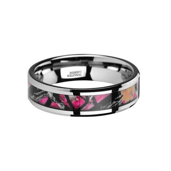 Real Pink Oak Leaves Camo Tungsten Wedding Ring Beveled Edges 6mm & 8mm