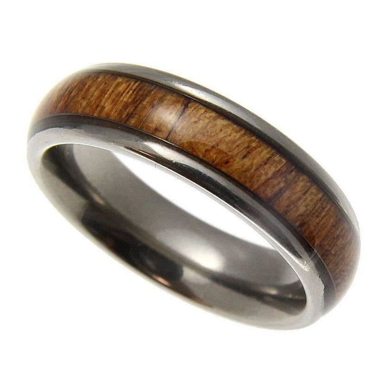 Titanium Band Ring Genuine Inlay Hawaiian Koa Wood Comfort Fit Dome Style - 6mm