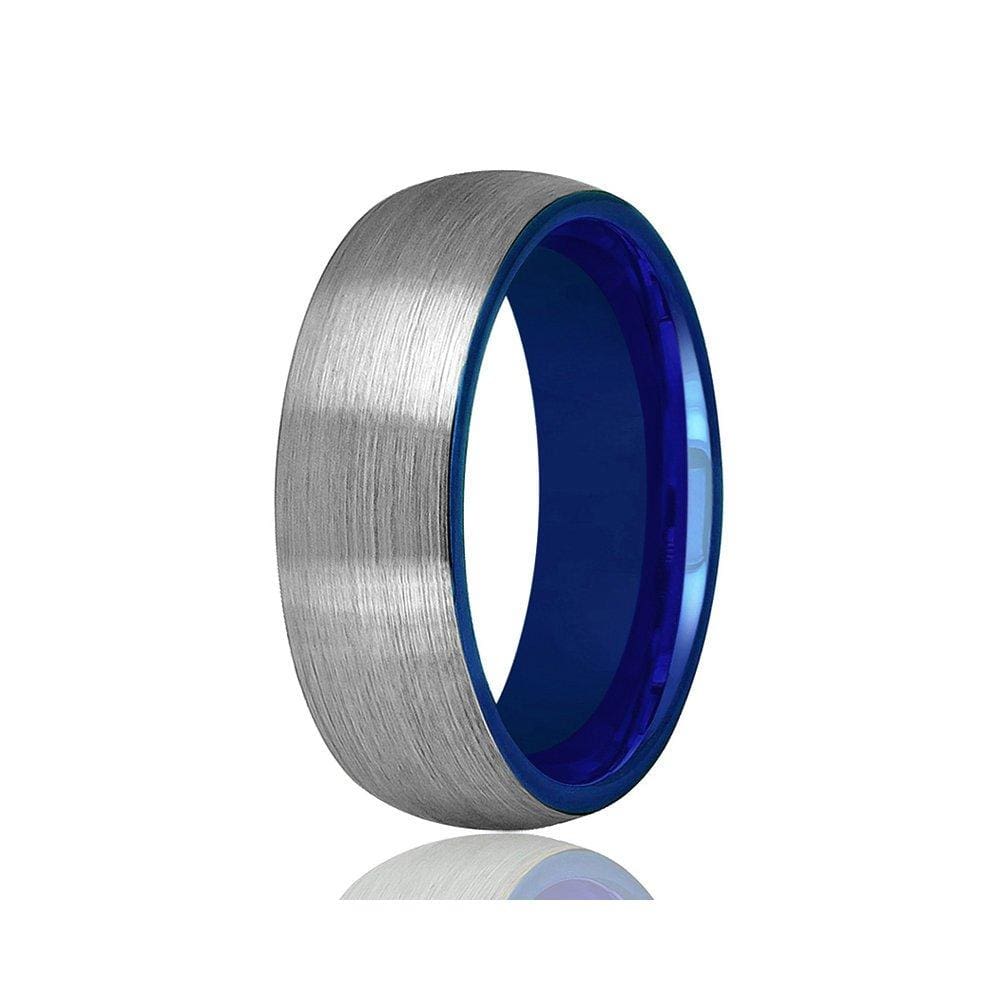 Dacre Tungsten Carbide Wedding Ring Comfort Fit Blue Round Domed Brushed - 2mm - 8mm