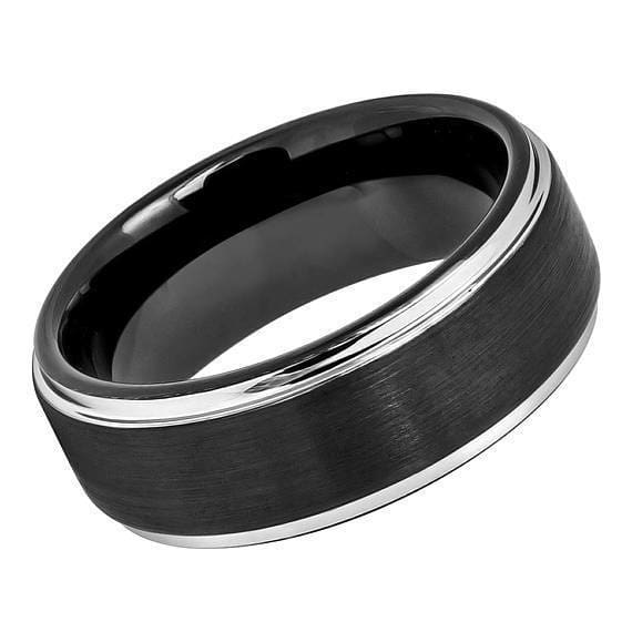 Two-tone Black IP Tungsten Ring With Brushed Center & Steel Color Stepped Edge - 8mm