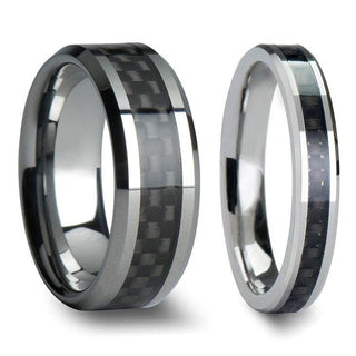 Wade Tungsten Carbide Wedding Band Set With Black Carbon Fiber Inlaid - 4mm - 12mm - 4mm / 4mm / Tungsten