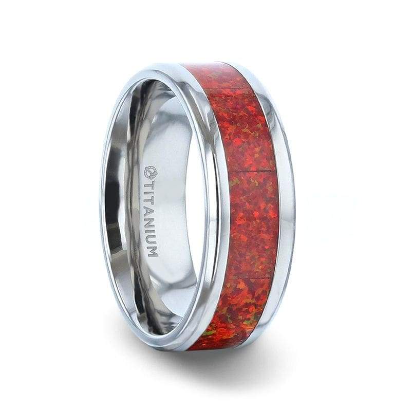 WESTPORT Titanium Men’s Ring With Beveled Edges And Red Opal Inlay - 8mm